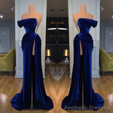 Royal Blue Off-the-shoulder Long Prom Evening Dress with Split